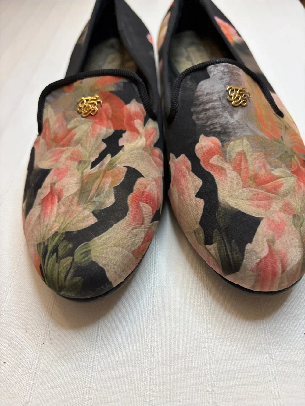 Ted Baker Black Floral Slip-Ons with Pink Accents